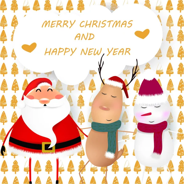Merry Christmas banner, greeting card, illustration with Christmas characters. Santa Claus, Snowman, Reindeer, golden Christmas Trees