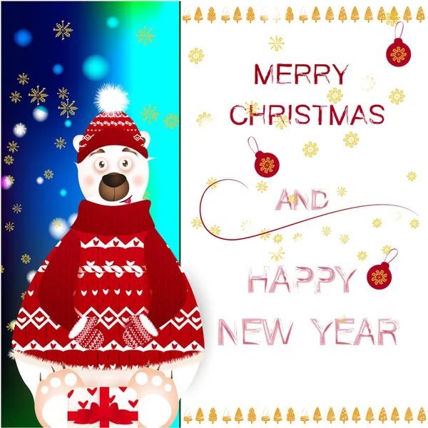 Merry Christmas banner, greeting card, illustration with cute, funny, cartoon bear, Christmas Trees, snowflakes