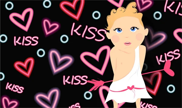 Kiss banner with cute, funny cartoon cupid, arrow with heart on abstract background with neon hearts design