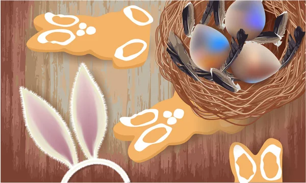 Easter banner with Easter eggs, feathers in the nest, Easter cookies, ears of a rabbit on abstract wooden background