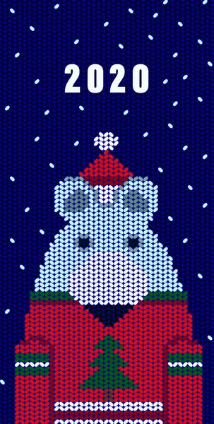 Saudação do cartão de Natal com o símbolo do ano 2020. Um rato em uma camisola whith árvore de Natal — Vetor de Stock