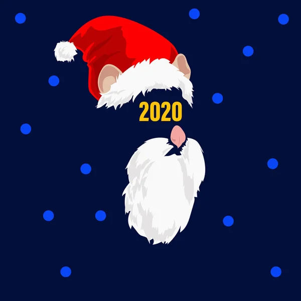 Tarjeta de Año Nuevo 2020 con la imagen de una rata orejas y nariz en una gorra de San Nicolás y con barba — Vector de stock