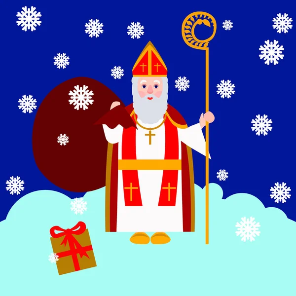 Postcard with the image of Saint Nicholas with a bag of gifts — Stock Vector