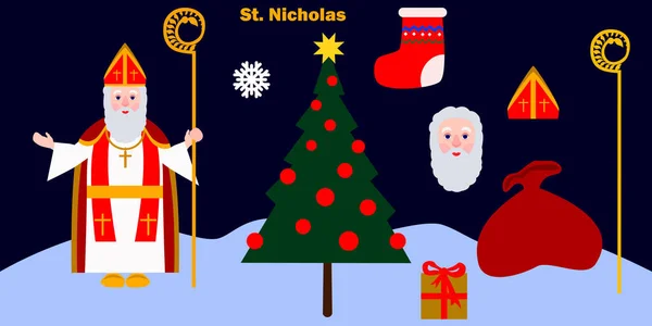 Cartão postal com a imagem de São Nicolau com presentes e uma árvore de Natal em uma noite de inverno — Vetor de Stock