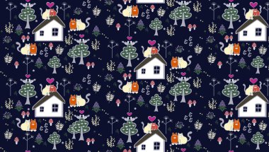 Kusursuz desenli bir bahar kompozisyonu. Ağaçların kırsal motiflerinden, evlerin çiçeklerinden ve kalplerini ve kedilerini tutan güvercinlerin aşk motiflerinden oluşmuş Mart kedileri.