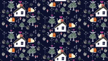 Kusursuz desenli bir bahar kompozisyonu. Ağaçların kırsal motiflerinden, evlerin çiçeklerinden ve kalplerini ve kedilerini tutan güvercinlerin aşk motiflerinden oluşmuş Mart kedileri.