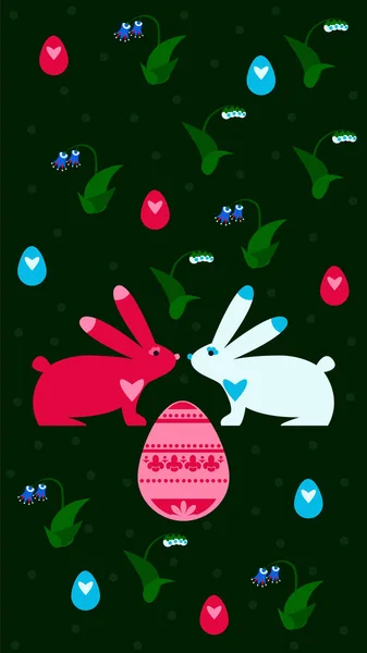 Кролики с пасхальными яйцами. Карту. Векторная иллюстрация — стоковый вектор