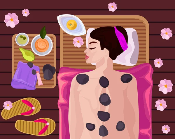 Tratamentos corporais por pedras e massagem tailandesa em um hotel havaiano. Ilustração vetorial — Vetor de Stock