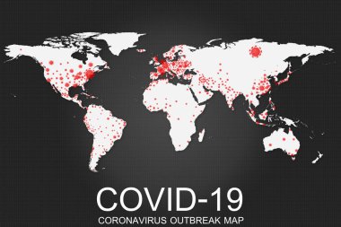 Dünya haritası siyah günümüzde Coronavirus (COVID-19) salgını dünyada daha fazla ülkeye yayıldı vs. Asya, Avrupa, Afrika, Amerika.