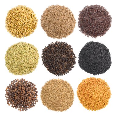 Bunch of spice on white isolated background: coriander, cumin (j