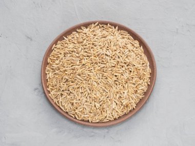 Spice cumin (jeera) in clay plate on gray concrete background. I
