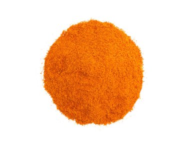 A round bunch of red chili pepper powder on white isolated backg