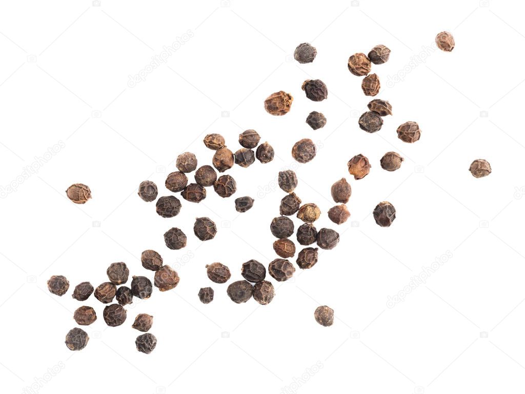 A bunch of peppercorns black pepper spices on white isolated bac