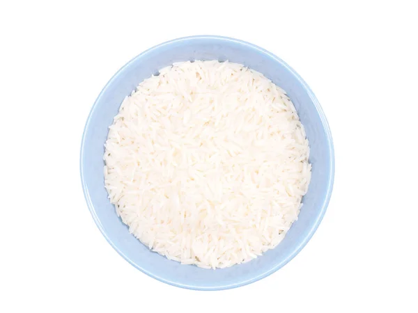 Riso Basmati indiano a grani lunghi in ciotola di ceramica blu isolato su — Foto Stock