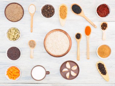 Ingredients for cooking white rice: salt, allspice, cumin (jeera