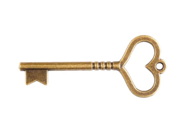Vintage-Schlüssel aus Bronze mit Herz-Ikone isoliert auf Weiß — Stockfoto
