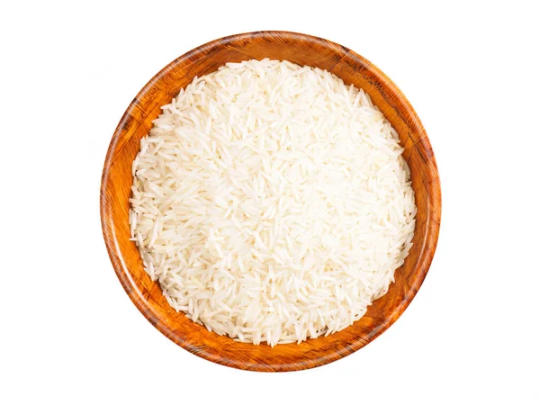 Indischer Langkorn Basmati Reis Bambusschüssel Isoliert Auf Weiß Indische Küche — Stockfoto