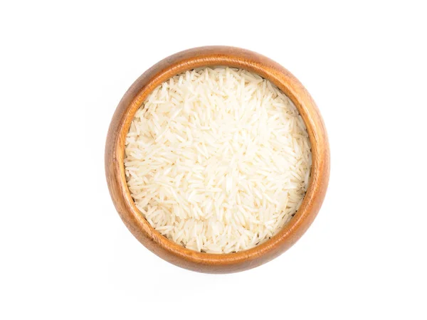 Arroz Basmati Grão Longo Indiano Tigela Madeira Marrom Isolado Branco — Fotografia de Stock