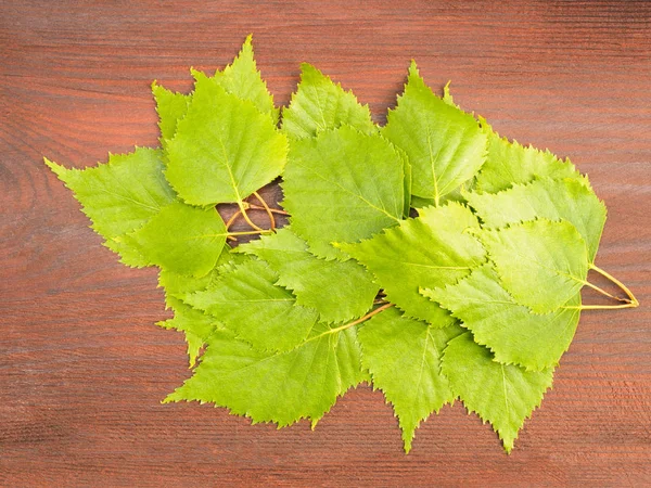 Green Birch Leaves Brown Wooden Background — Stock Photo, Image