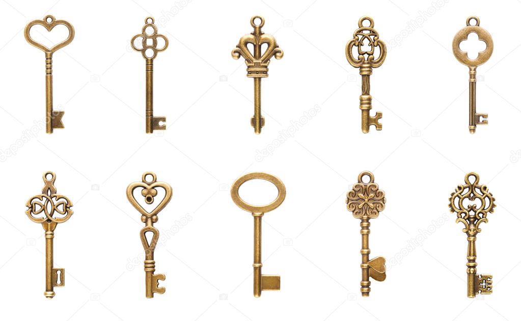Set of vintage keys isolated on white background