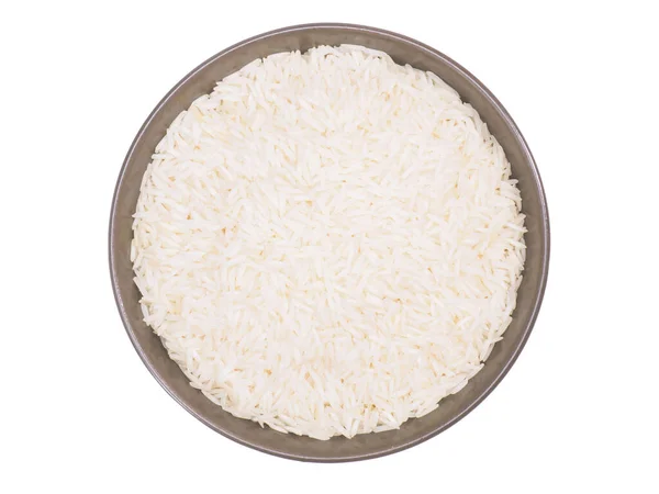 Индийское Длинное Зерно Басмати Рис Коричневой Керамической Миске Изолированы Белом — стоковое фото