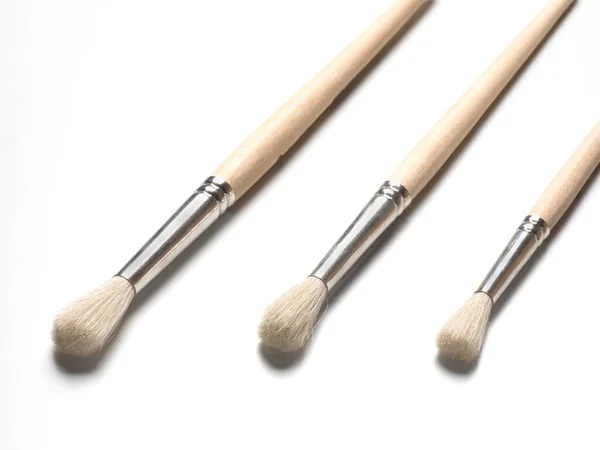 Three Paint Brushes White Background Closeup — Stock Photo, Image