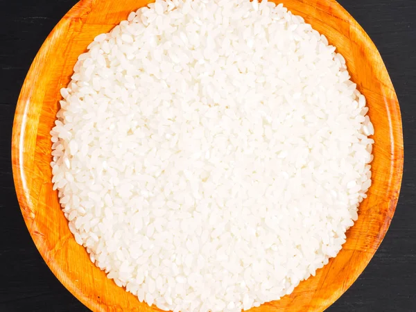 Сырой Белый Круглый Зерновой Рис Бамбуковой Миске Концепция Здорового Питания — стоковое фото