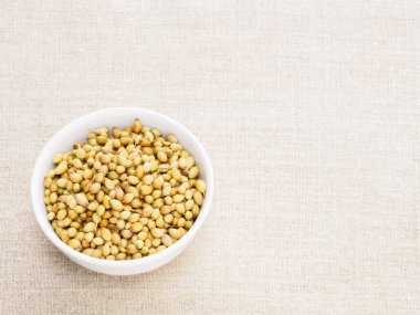 Baharatlı kişniş (Coriandrum sativum) tohumları bej kumaş arka planda seramik kasede. Hint mutfağı, ayurveda, naturopati kavramı.