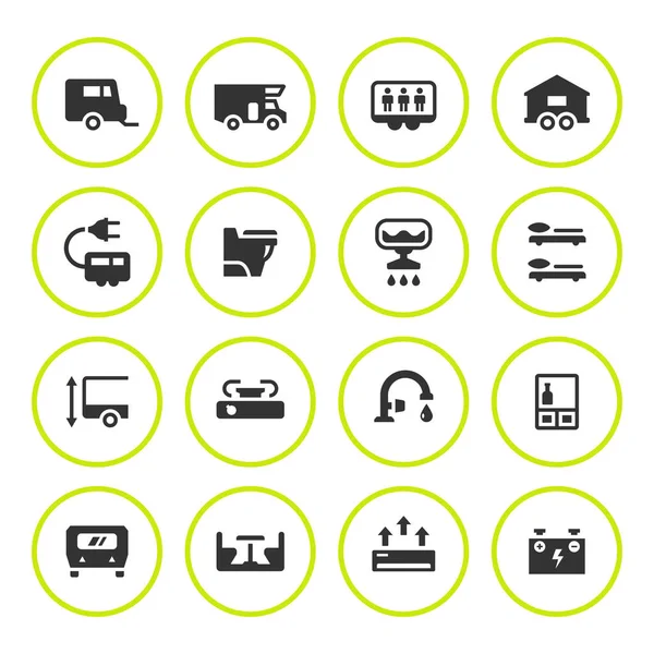 Ställa in runda ikoner av husbil, husvagn, släpvagn — Stock vektor