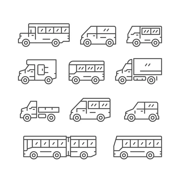 Definir ícones de linha de ônibus e van — Vetor de Stock