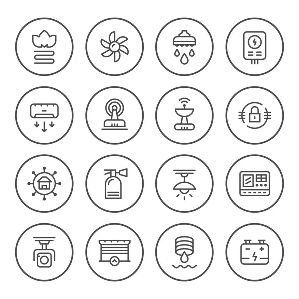 Réglez les icônes de ligne ronde des systèmes de maison — Image vectorielle