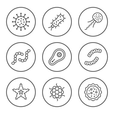 Mikrop ve bakteri yuvarlak çizgi Icons set
