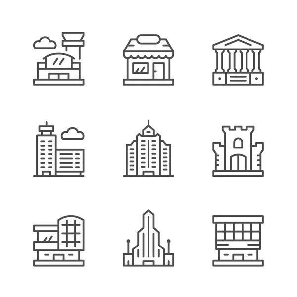 Establecer iconos de línea de edificios — Vector de stock