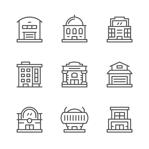 Imposta icone di linea degli edifici — Vettoriale Stock
