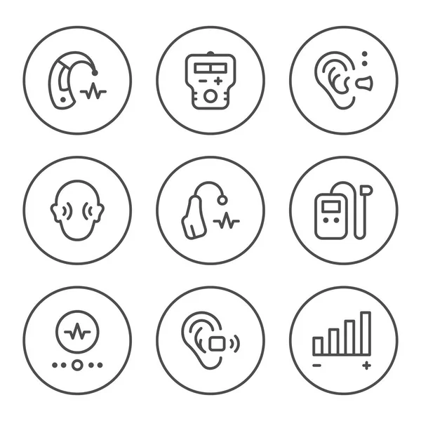 Set round line icons of hearing aid — Stock Vector