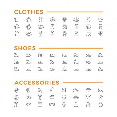 Giysi, Ayakkabı ve aksesuarları, satır Icons set