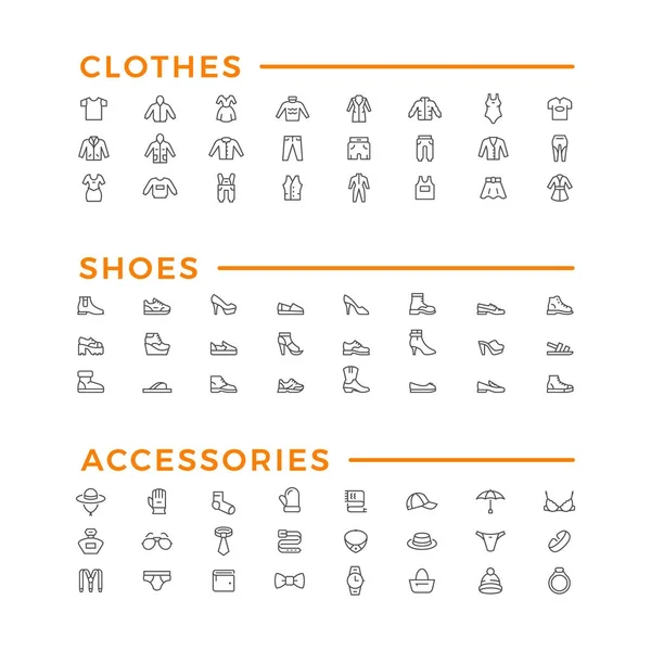 Définir des icônes de ligne de vêtements, chaussures et accessoires — Image vectorielle