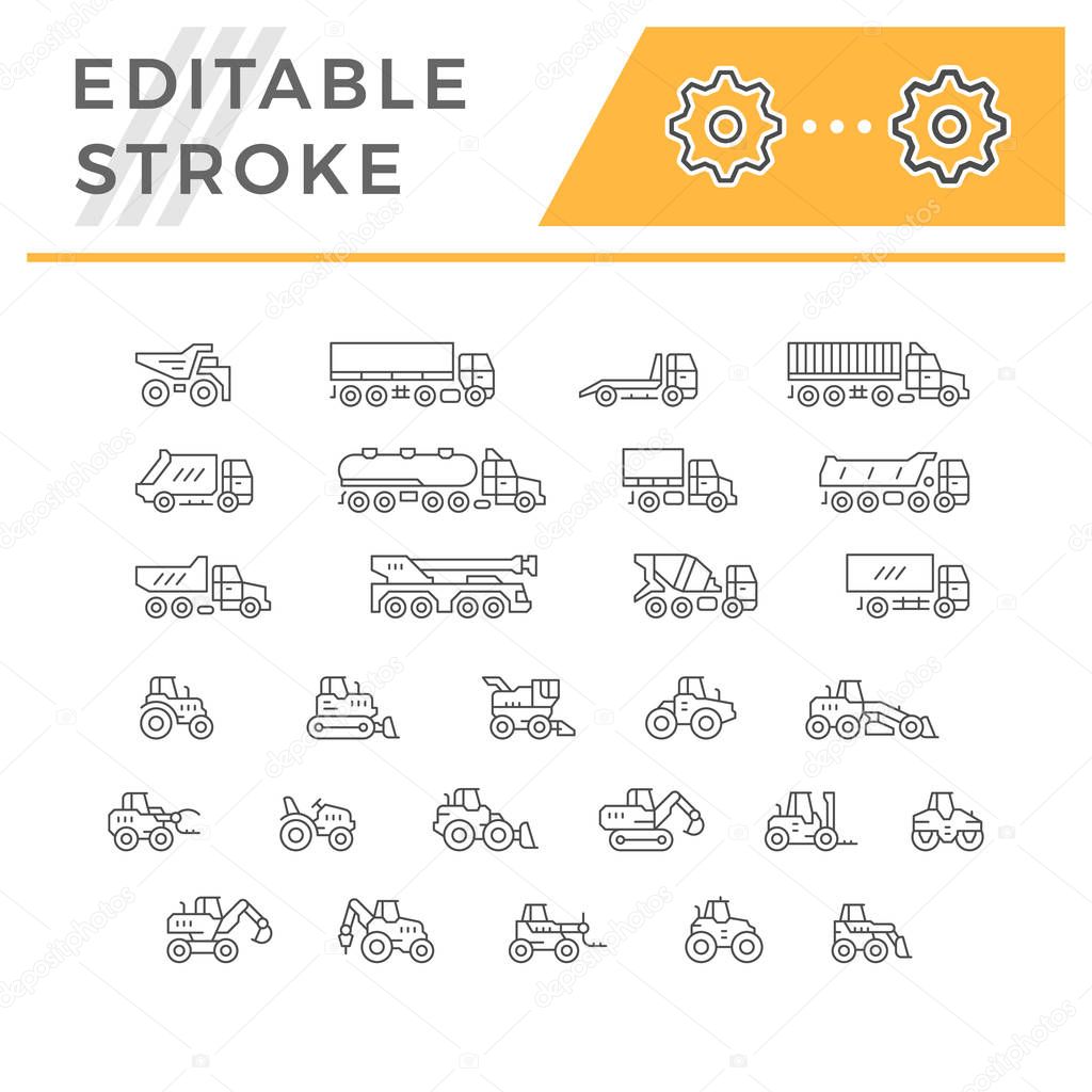 Set line icons of trucks and tractors