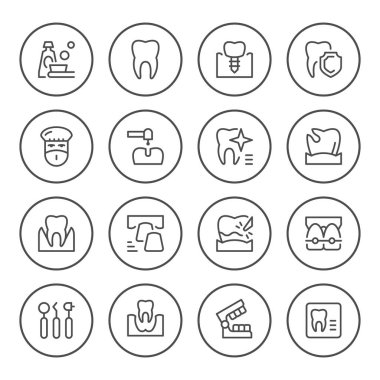 Diş ilgili yuvarlak çizgi simgeler kümesi