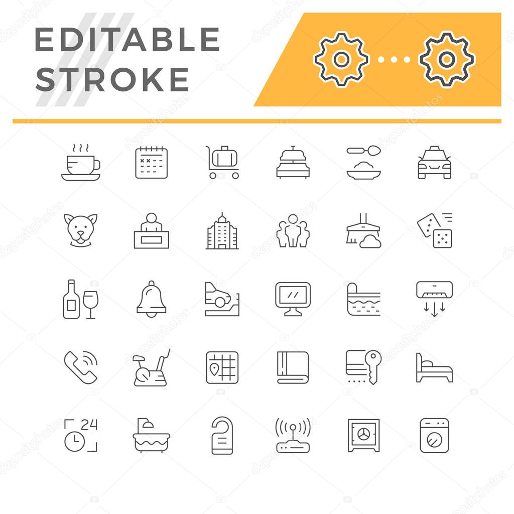 Set editable stroke line icons of hotel