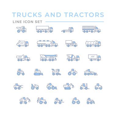 Set color line icons of trucks and tractors