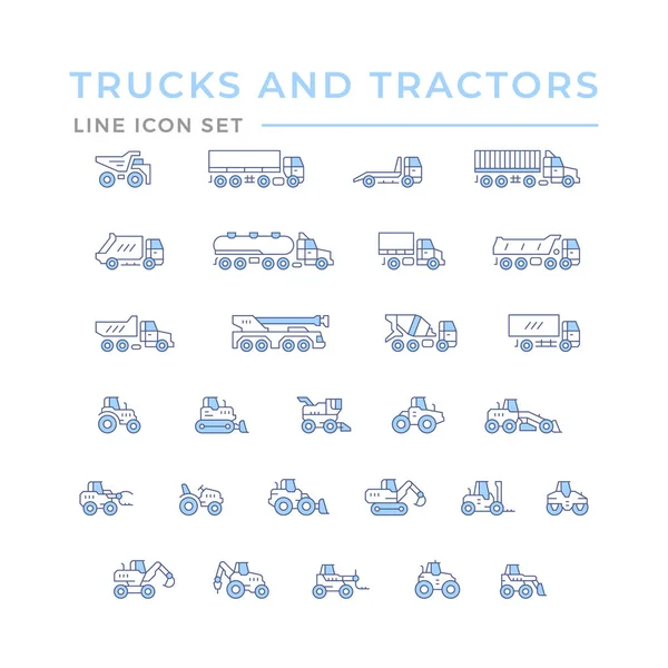 Zestaw ikon linii kolorów samochodów ciężarowych i ciągników — Wektor stockowy