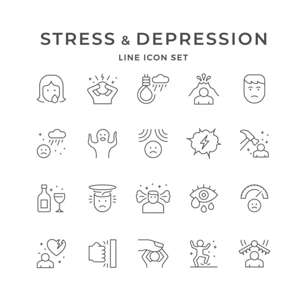 Establecer iconos de línea de estrés y depresión — Vector de stock