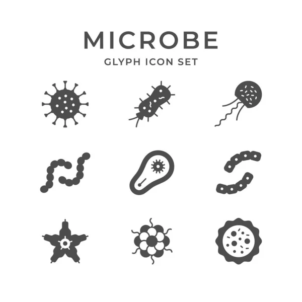 Establecer iconos de glifo de microbio y bacteria — Vector de stock