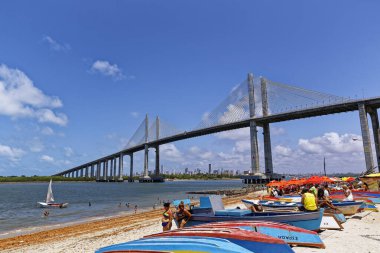Day time shot of people near Manaus Iranduba Bridge (called Ponte Rio Negro in Brazil)   clipart