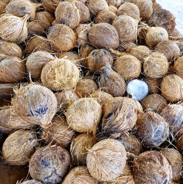 Brązowe Kokosy Stole Bazarze — Zdjęcie stockowe