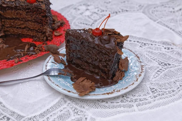 Slice Chocolate Cake Chocolate Buttercream Decorated Cherries Blue Saucer Fork — Stock Photo, Image