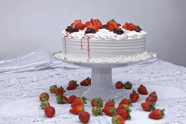Whipped Cream Cake Strawberries Jam White Plate — Stock Photo, Image