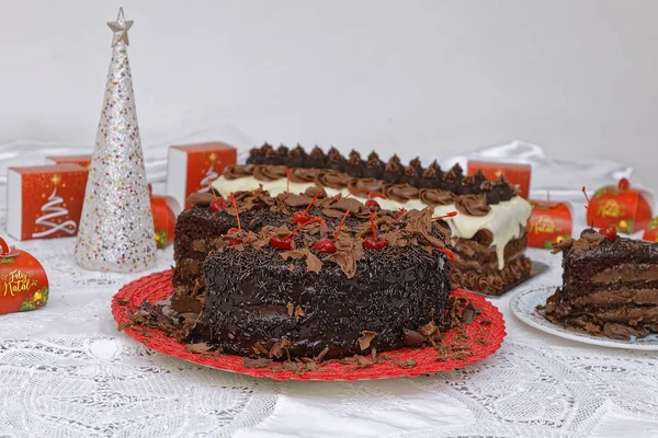 Many Fluffy Moist Chocolate Cakes Chocolate Buttercream Decorated Cherries Kitchen — 스톡 사진