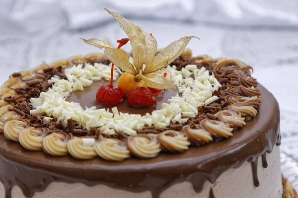 Närbild Cappuccino Lager Tårta Med Choklad Glasyr Dekorerad Med Frukt — Stockfoto
